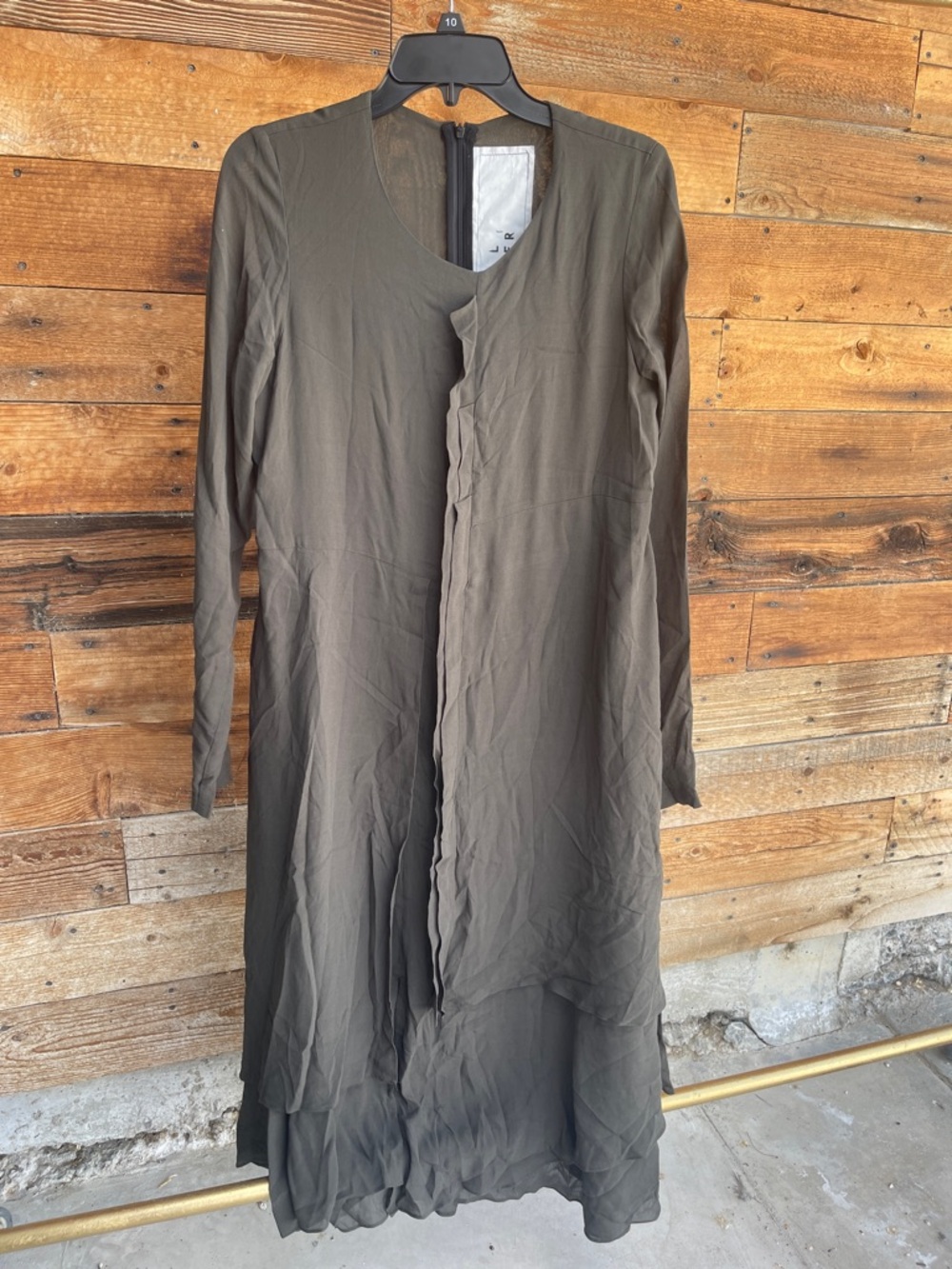 Long Sleeve Olive Fluid Layered Midi Dress